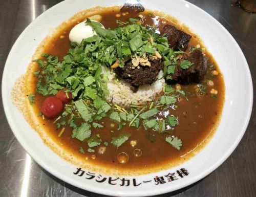 実食記2 新店「カラシビカレー鬼金棒」(神田)で辛さ増し・シビレ普通・パクチー増し・角煮アリ(サラサラカレーの海にキーマの小山)